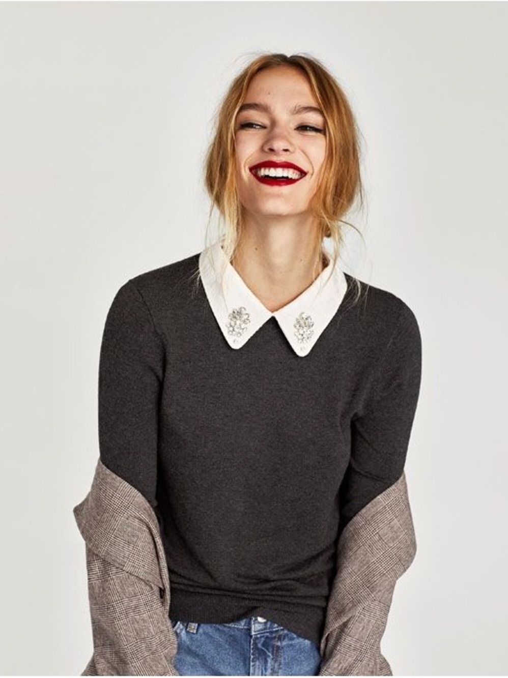 Zara charcoal grey sweater rhinestone collar. Size large.